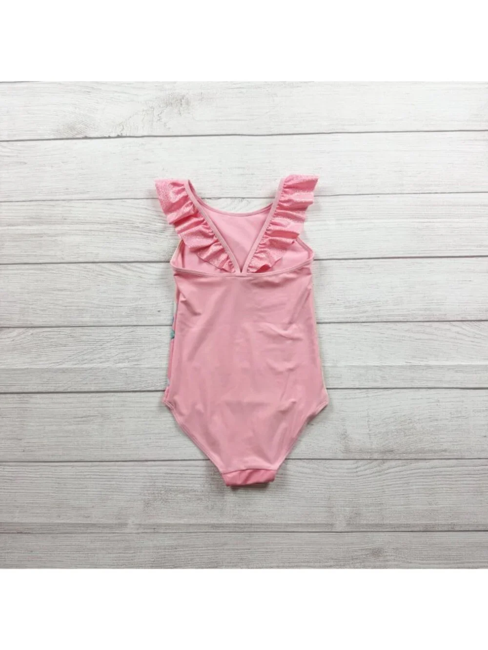 H&M Disney Princess Pink Girls Swimsuit Ruffle Back Glitter Accents 6X-7
